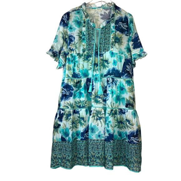 SUNDANCE Floral Ruffle Lace Fields Of Beauty Turquoise Dress Size XXL - Picture 2 of 16